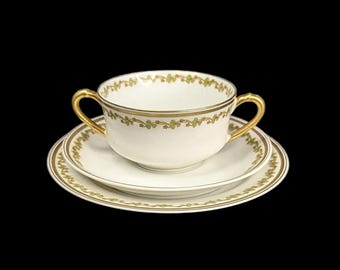 Antique Haviland Limoges Handled Boullion Cup and Saucer and Bread Plate Set, Green, Gold, Clover, The Sonderburg