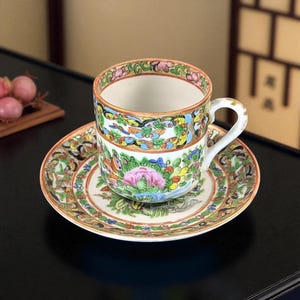 Antique Chinese Famille Rose Demitasse Cup & Saucer – Thousand Butterflies Pattern – Hand-Painted - Set 3
