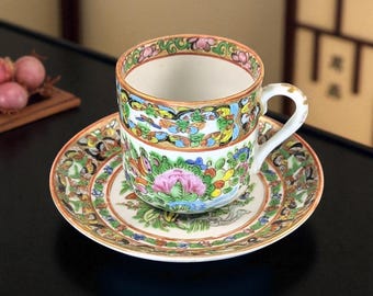 Antique Chinese Famille Rose Demitasse Cup & Saucer – Thousand Butterflies Pattern – Hand-Painted - Set 3