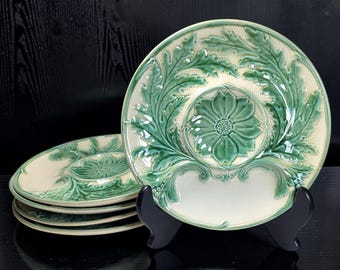 Antique Gien Majolica Artichoke Plate, French Three Well Serving Dish c1900- 5 available