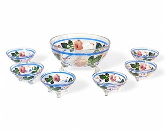 Very Rare Vintage Hand blown and painted footed glass Berry Bowls, set of 7 Art Glass Bowls