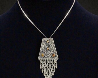 Vintage Israeli Sterling Silver Tigers Eye Chandelier Pendant , 925 Italy Chain