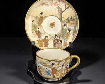 Antique Japanese Meiji Era Satsuma Demitasse Teacup & Saucer by Seikozan – Hand-Painted Geisha Scene – Gilt Porcelain –  Circa 1900