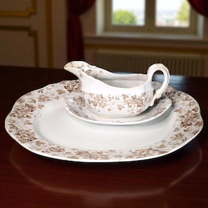 Antique Brown Transferware Serving Set – &quot;Edgevale&quot; Pattern by J.H.W. & Sons – Gravy Boat, Underplate and Large Platter – England, c. 1890s