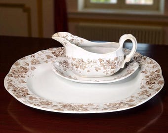 Antique Brown Transferware Serving Set – "Edgevale" Pattern by J.H.W. & Sons – Gravy Boat, Underplate and Large Platter – England, c. 1890s