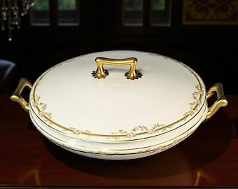 Antique W.H. Grindley Covered Serving Dish – Vintage Floral Earthenware Tureen (Circa 1914-1925)