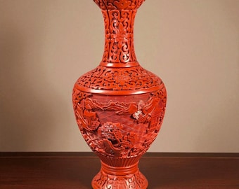 Vintage Chinese Cinnabar Lacquer Vase – Hand Carved Scenic Landscape, Blue Enamel Interior, Beijing Factory