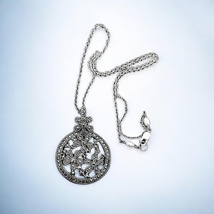 Vintage Sterling Silver Marcasite Floral Pendant Necklace with Pearl Clasp