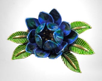 Vintage Crown Trifari Blue & Green Enamel Lotus Brooch, Dimensional Floral Pin