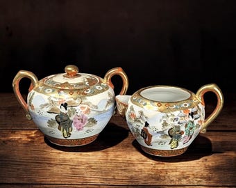 Antique Japanese Kutani Porcelain Covered Sugar and Creamer Moriage Signed
