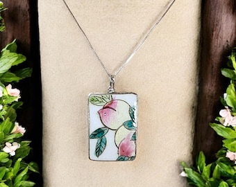 Antique Chinese Porcelain Shard Pendant Necklace on Sterling Silver Box Chain – 18” 925 Chain – Peaches Motif – One-of-a-Kind Jewelry