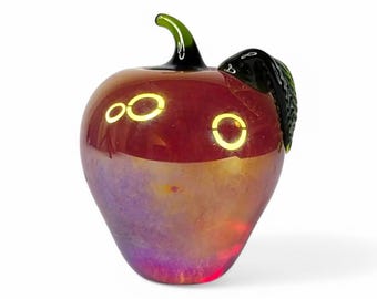 Red Iridescent Opalescent Art Glass Apple Figurine Paperweight 4”