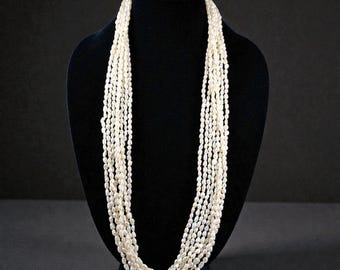 Vintage 8 Strand 30” Seed Pearl Necklace – Iridescent Cream Freshwater Pearls