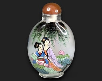 Vintage Chinese snuff bottle, reverse painted glass snuff bottle, ornate double side painted glass Chinese snuff bottle