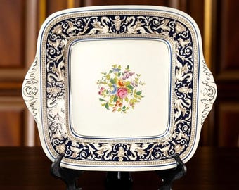Vintage Wedgwood Florentine Dark Blue Handled Cake Plate – 11” x 9.5”
