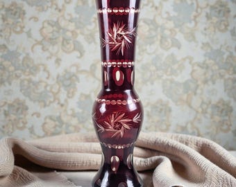 Mid-Century Bohemian Cranberry Cut to Clear Glass Vase, 11 Inch