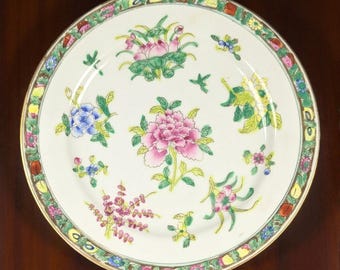 Vintage Famille Rose Floral Plate, Hand Painted in Hong Kong, Mid-Century Porcelain