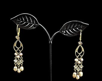 Vintage Sterling Silver Chandelier earrings with champagne Freshwater Pearls and Smoke Crystal Accents
