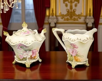 Genuine Antique RS Prussia Sugar & Creamer Set – Footed Porcelain with Floral Transfer and Gold Gilt – Authenticated Mark Suhl Germany