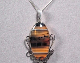 Vintage Sterling Silver Handmade Artisan Signed Banded Agate Pendant Necklace