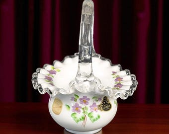 Vintage Fenton Violets in Snow Milk Glass Basket, Hand-Painted Frances Burton  Signed Art Glass