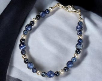 Vintage Sterling Silver and Sodalite Beaded Bracelet | Faceted and Polished Sodalite Gemstone Bracelet