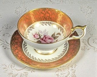 Vintage Aynsley England Bone China Teacup & Saucer – Cabbage Rose, Orange and Gold Gilt, Pattern 2539