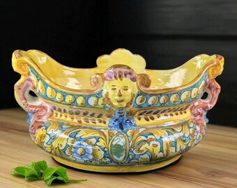 Vintage Italian Majolica Jardinière – Hand-Painted Assisi Pottery with Nude Figural Handles & Bearded Mask – Baroque Glaze, c. 1950s