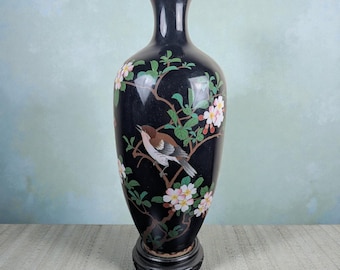 Japanese Cloisonné Enamel Vase on Copper, Bird & Blossoms on Black Ground, Meiji