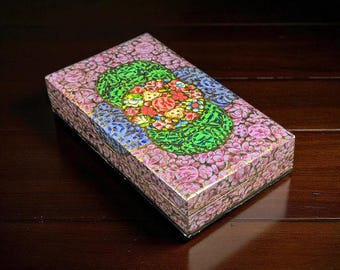 Hand-Painted Kashmiri Papier-Mâché Floral Lacquer Trinket/Jewelry Box, Vibrant Gilt, 7"x4"