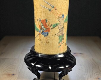 Republic Period Chinese Crackle Glaze Brush Pot with Famille Verte Scholar Figures and Glass Stand