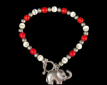 Vintage Sterling Silver, White Cats eye, and Red Stone beaded bracelet with Elephant charm. DST mascot bracelet Delta Sigma Theta Sorority