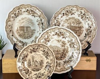 Antique Historical Staffordshire Brown Transferware Plates – Set of 4 by John & Job Jackson (1831–1835) – "American Scenery" Series