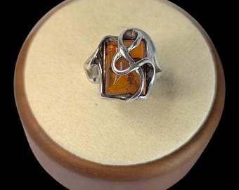 Vintage Abstract Baltic Amber and Sterling Silver Cage Ring
