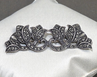 Vintage Sterling Silver & Marcasite Tulip Brooch Art Nouveau Revival