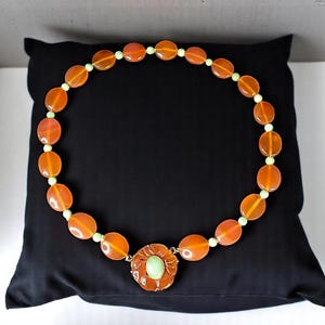 Vintage Carnelian and Jade Choker Necklace: 14k Gold set Carved Floral Pendant