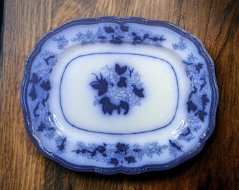 Antique Flow Blue Oval Serving Dish – 10"x8" Ironstone Platter with Grape Motif – Victorian Blue & White Transferware