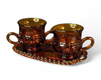Kings Crown Amber Glass Set - Vintage Colony Thumbprint Sugar and Creamer with Tray - 3 Piece Set