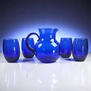 Vintage Handblown Cobalt Blue Glass Pitcher Set: Mid-Century Modern Barware