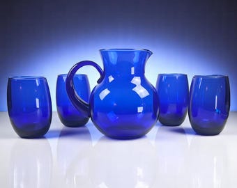 Vintage Handblown Cobalt Blue Glass Pitcher & 4 Glasses | Mid-Century Modern Barware Set | Blue Art Glass Drinkware
