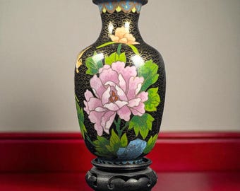 Vintage Chinese Cloisonné Vase with Floral & Bird Design – 6" with Wooden Stand