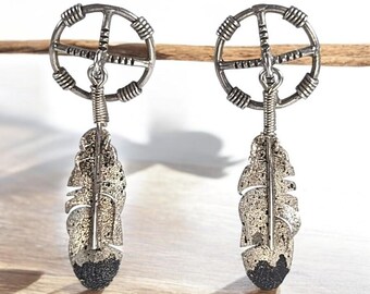 Vintage Ernest Rangel Sterling Silver Feather Earrings – 1.75” Drop Length, Native American Artisan Jewelry