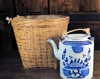 Vintage Early 20th Century Chinese Blue & White Ceramic Teapot with Custom Woven Carrying Basket – Folk Utilitarian Pottery