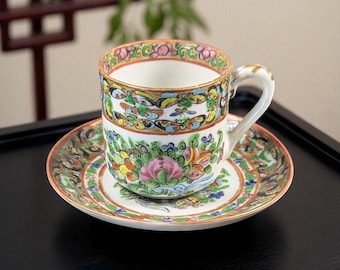 Antique Chinese Famille Rose Demitasse Cup & Saucer – Thousand Butterflies Pattern – Hand-Painted - Set 1