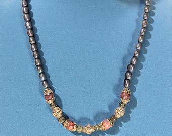 Vintage Agate, Glass, & Pearl Necklace with Cradled Filigree Beads, 14/20 GF