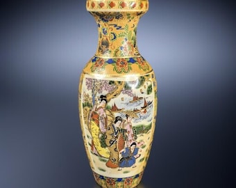 Vintage Japanese Porcelain Vase - Transferware with Moriage Details - Elegant Geisha Scene