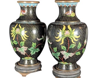 Antique Pair 8" Chinese Cloisonne Copper Vases with Matching Antique Wooden Stands Orchid Cherry Blossom Pattern