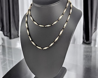 Vintage 30" Pearl, Onyx & 14K Gold Bead Necklace – Elegant Long Strand Jewelry