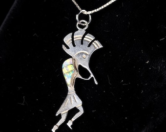 Vintage Sterling Silver Kokopelli Opal Inlay Pendant Necklace 18" Chain