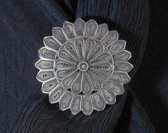 Sterling Silver Palestinian Filigree Brooch, Vintage Rosette Pin